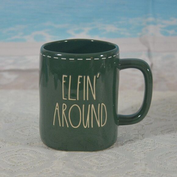 Rae Dunn ELFIN' AROUND Green Mug with White Stitching - Picture 1 of 2